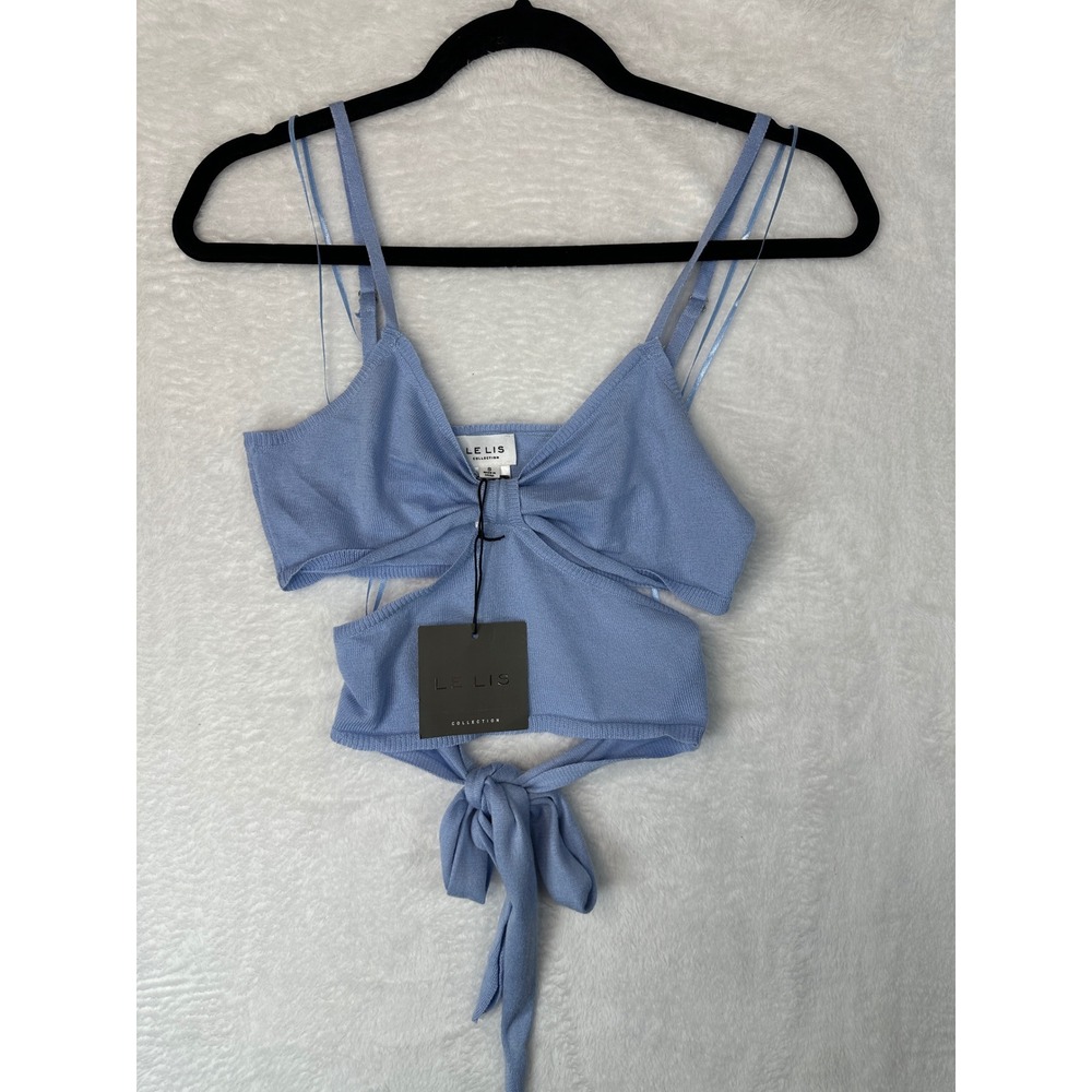 Le Lis Knit Crop Top Women Small Blue Cutout Front Knot